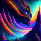 Colorful Stylized Bird Artwork in Mystical Landscape with Towers