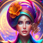 Cosmic-themed woman portrait with ornate headdress and starry background