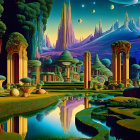 Vibrant surreal landscape with classical columns and lush vegetation