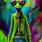 Colorful painting of green alien in suit jacket and jeans on dripping paint backdrop