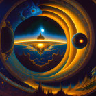 Surreal cosmic illustration with rings, mountain, planets, ship
