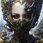 Cybernetic humanoid with ornate headpiece and mask in digital art piece