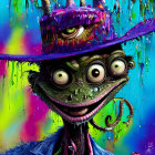 Colorful surreal character with multiple green eyes and purple hat in vibrant image.