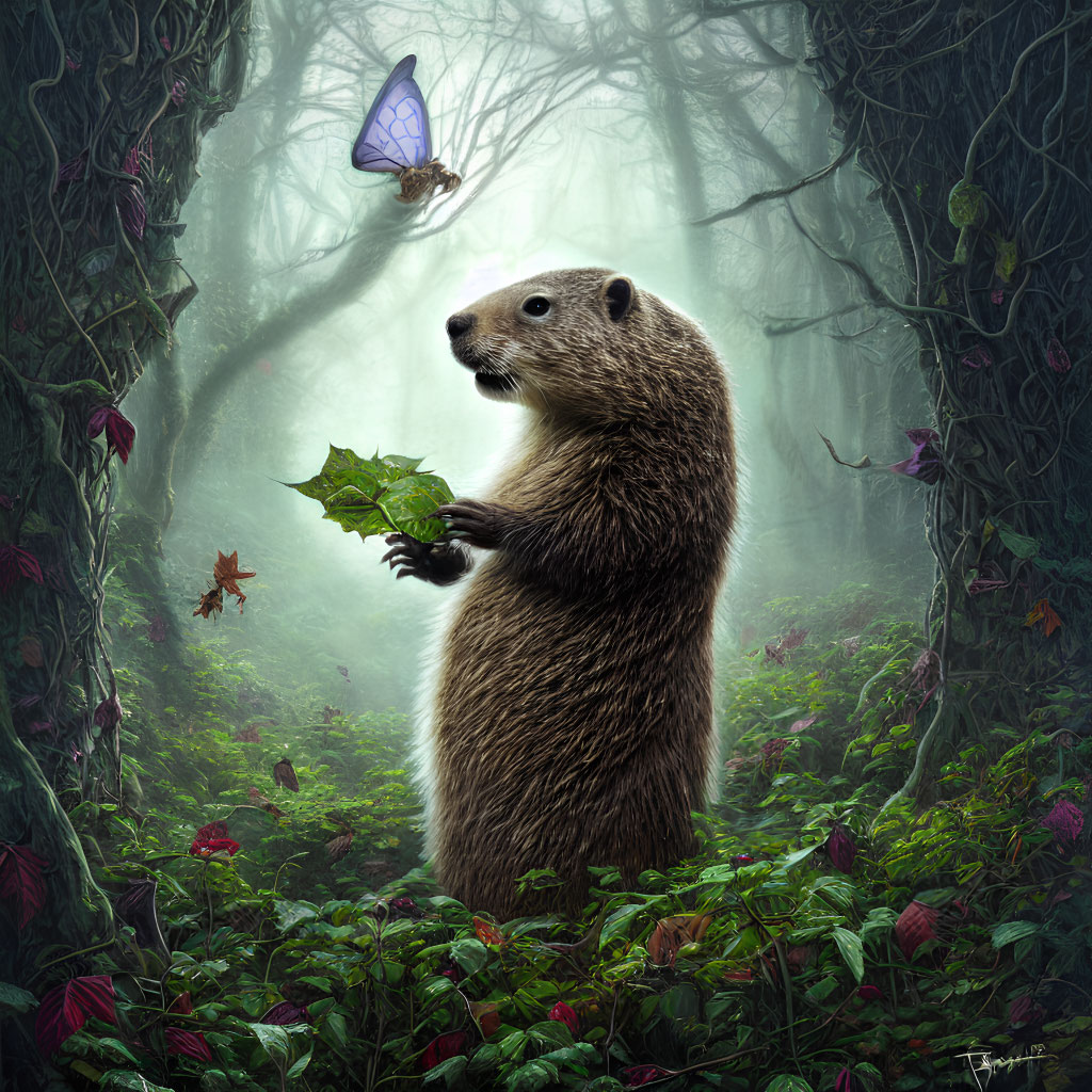 Groundhog on hind legs in mystical forest with butterfly and colorful foliage.