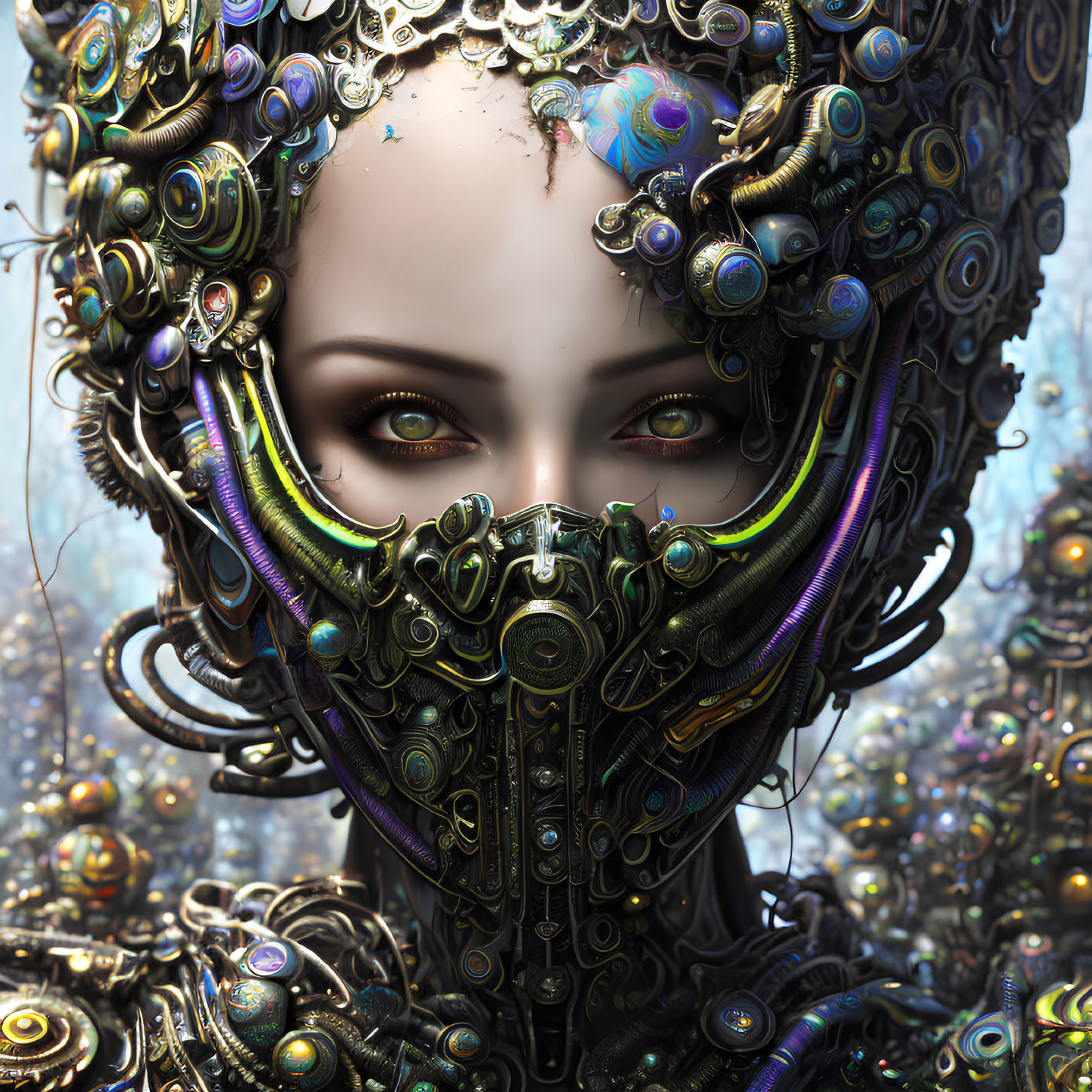 Cybernetic humanoid with ornate headpiece and mask in digital art piece