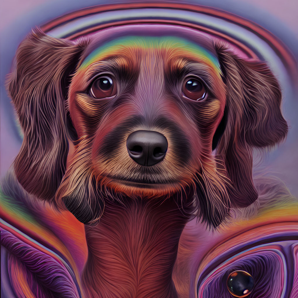 Colorful digital artwork of a dog with soulful eyes and psychedelic background