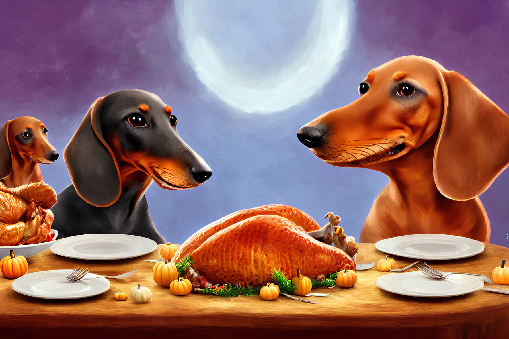 Three cartoon dachshunds at a table with turkey under full moon.
