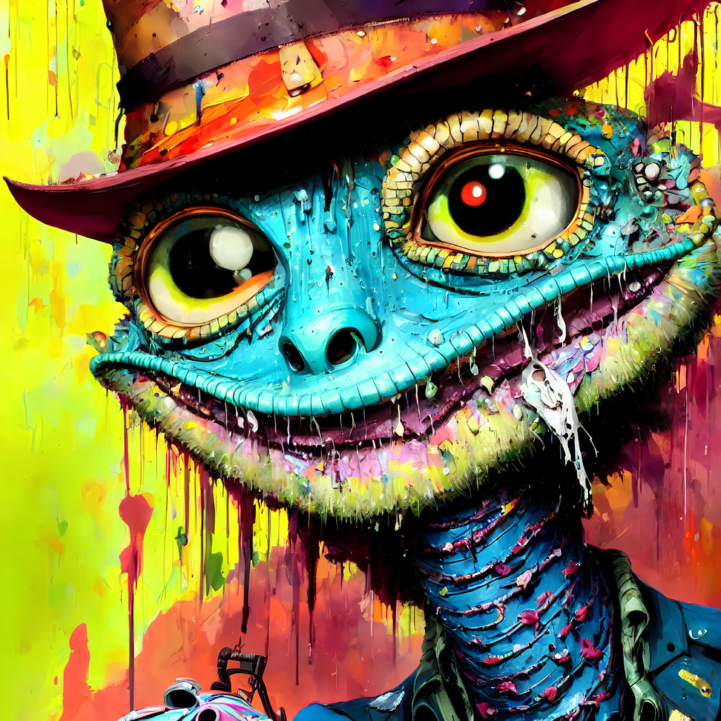 Whimsical anthropomorphic lizard with hat in vibrant colors