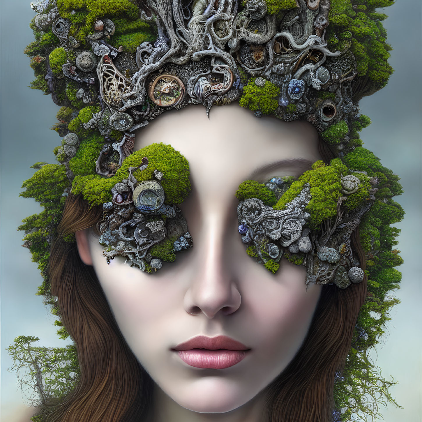 Surreal portrait of woman with moss crown and mechanical elements