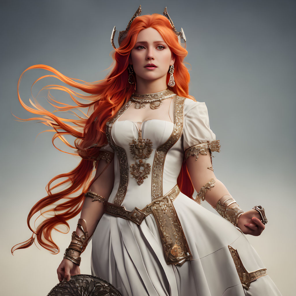 Regal woman with red hair in white and gold attire