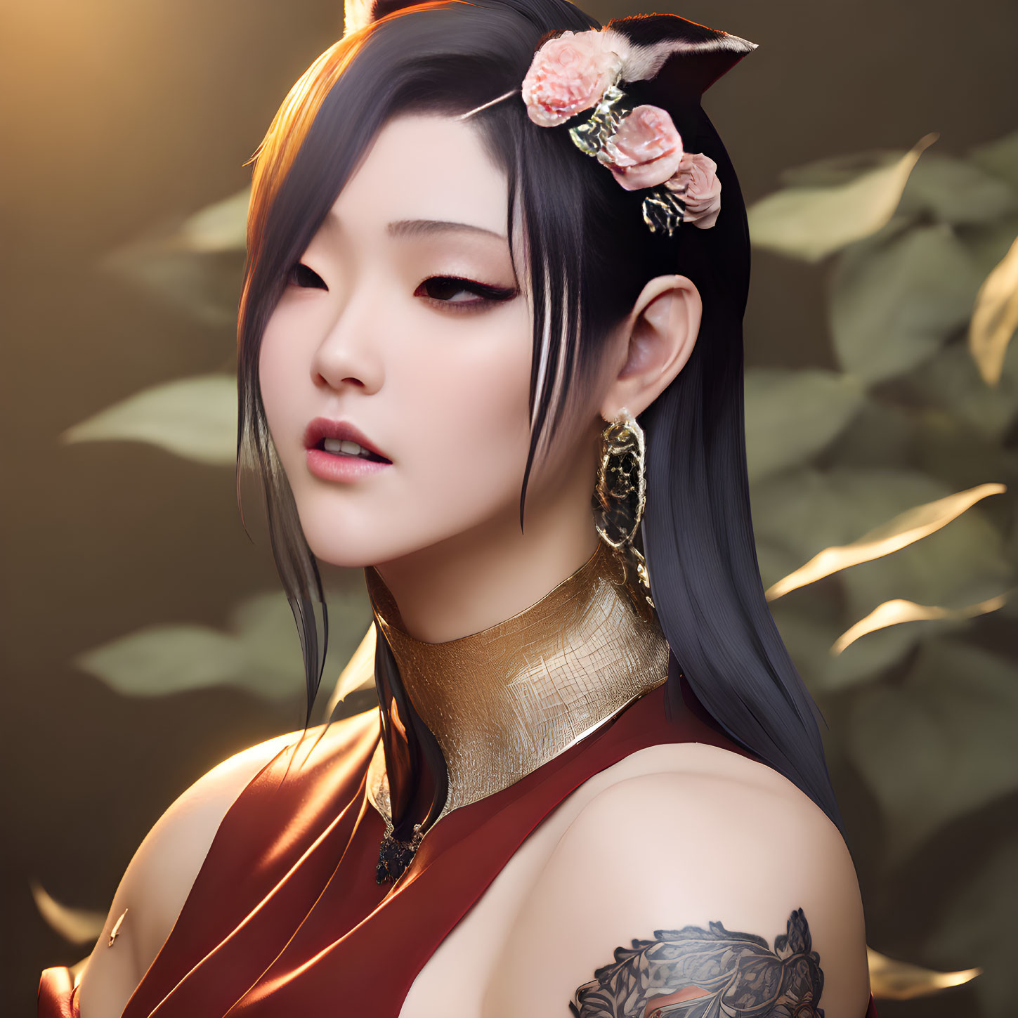 Digital portrait of woman with floral hair accessories, striking makeup, golden choker, and shoulder tattoo