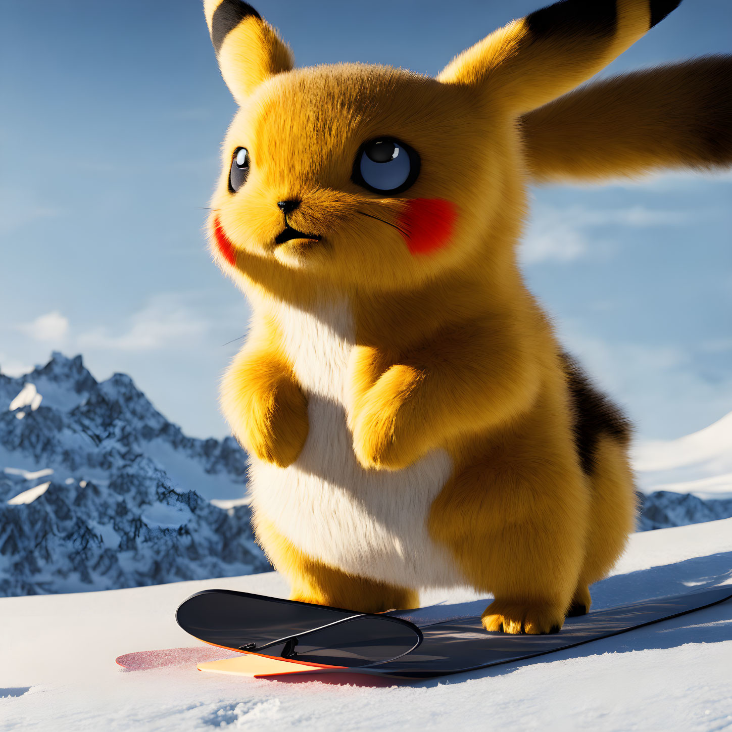 Computer-generated Pikachu on snowboard in snowy mountains