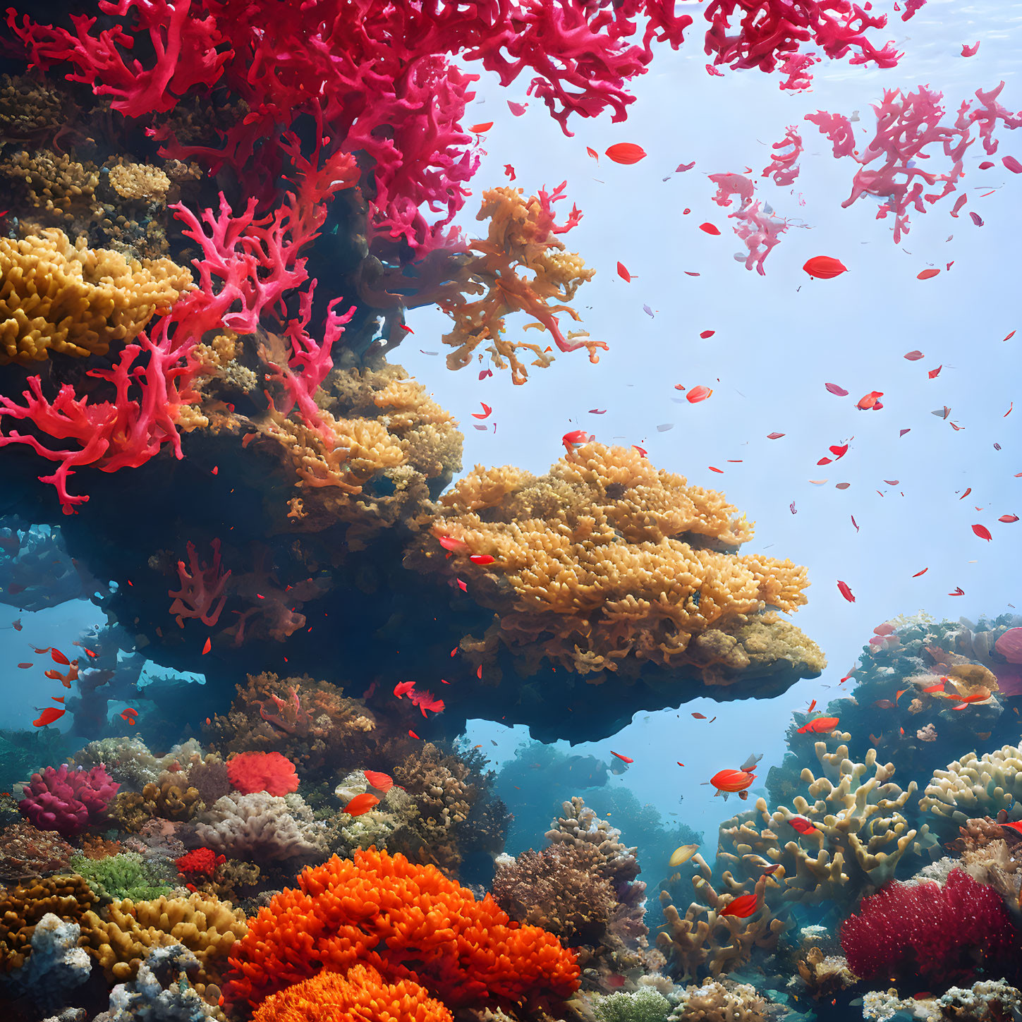Colorful Coral Reef with Pink, Orange, and Yellow Corals and Red Fish