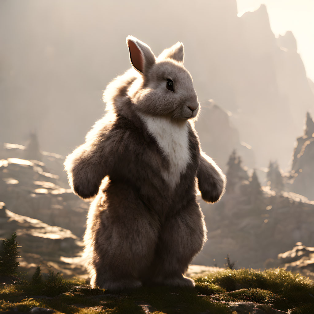 Fluffy Rabbit Standing in Sunlit Rocky Terrain