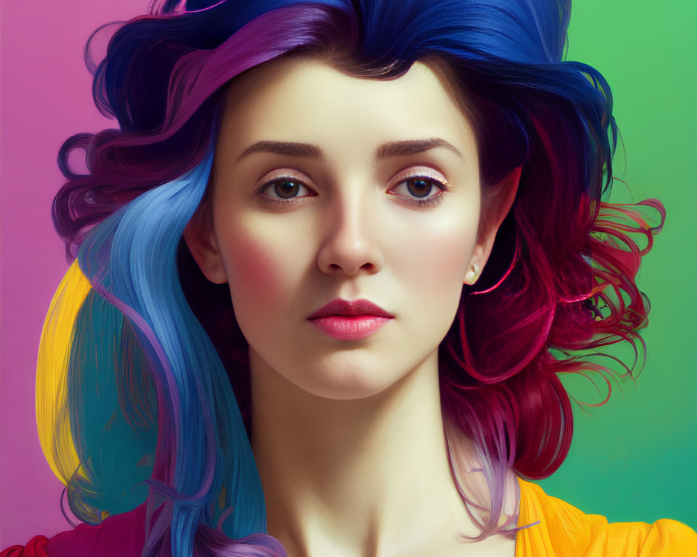 Vibrant multicolored hair woman in serious gaze against colorful background