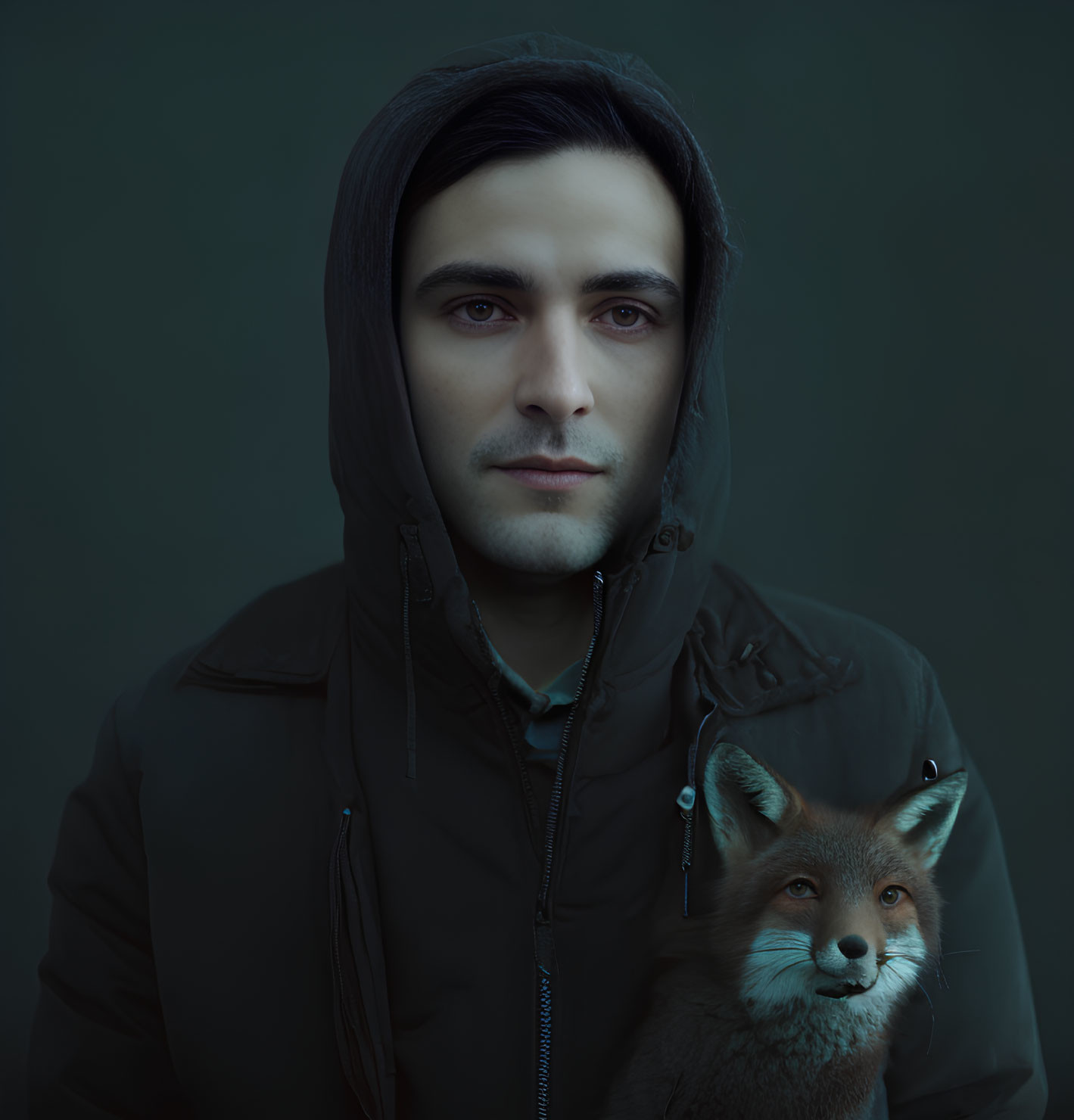 Dark-haired man in hooded jacket with fox against dark background