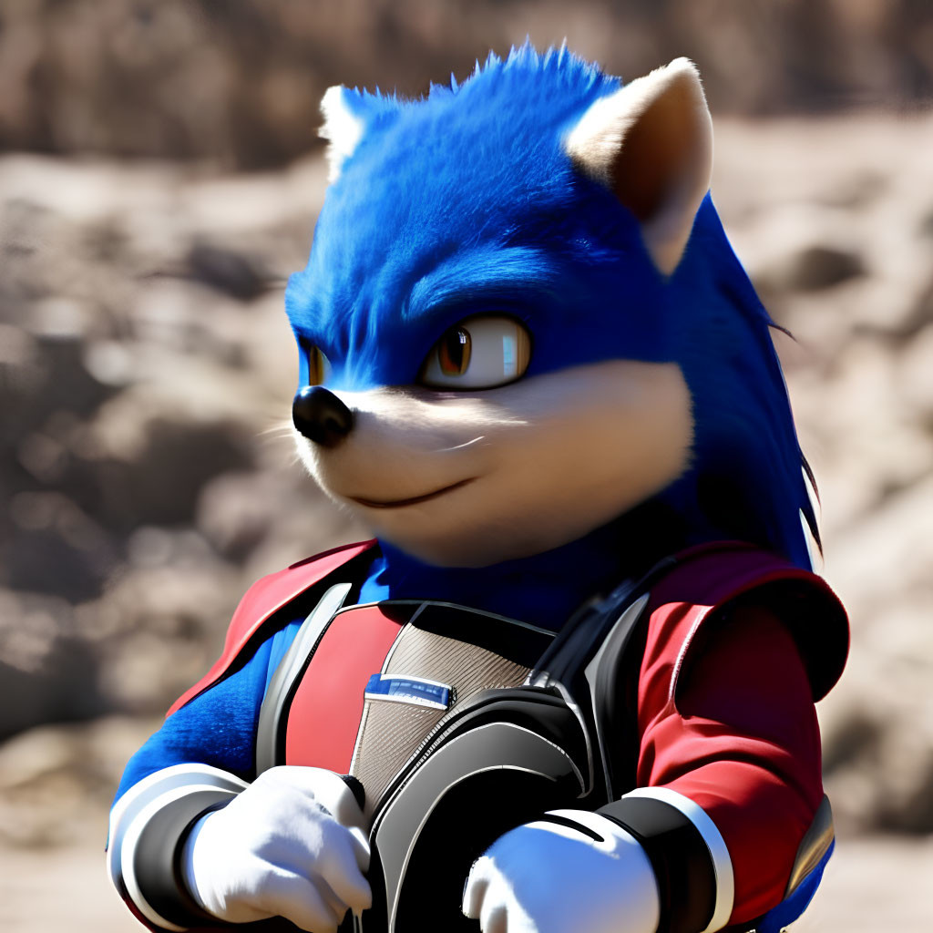3D render of Sonic the Hedgehog with backpack in outdoor setting
