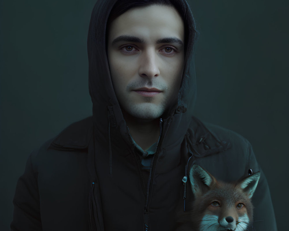 Dark-haired man in hooded jacket with fox against dark background