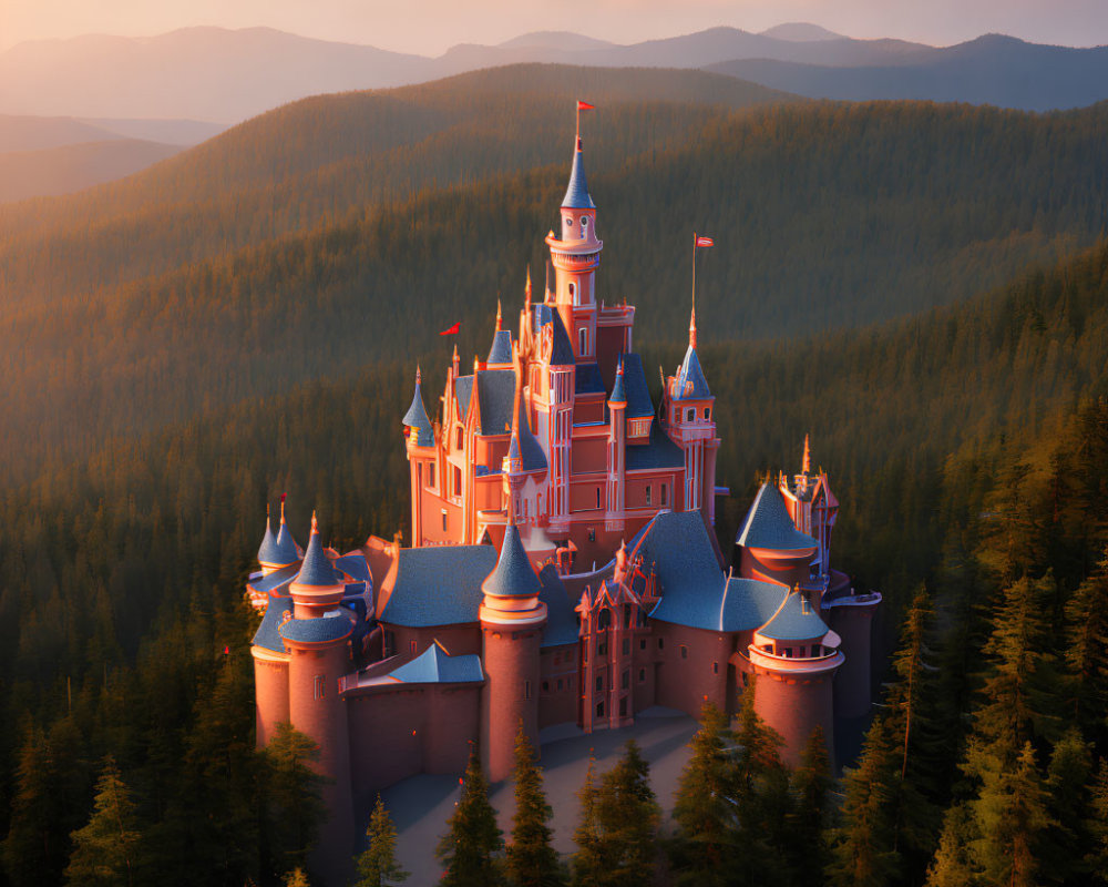 Castle with spires in forest at sunset with warm light