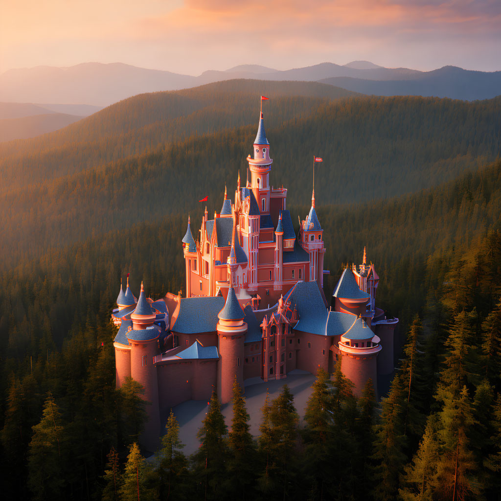 Castle with spires in forest at sunset with warm light