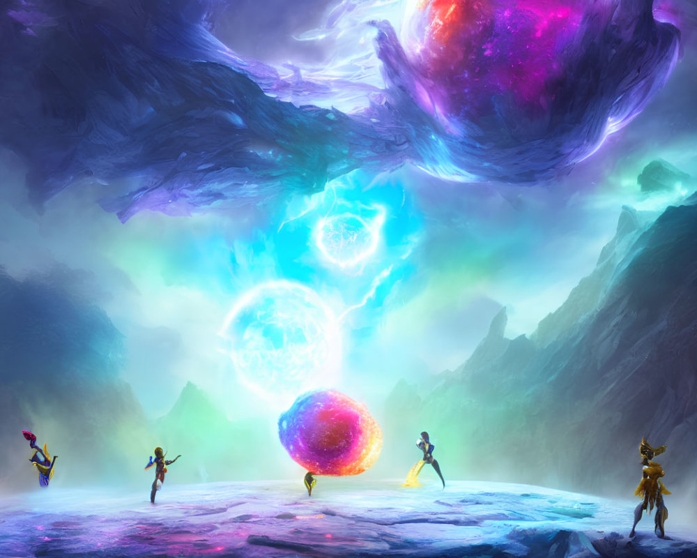 Ethereal landscape with floating orbs and silhouetted figures