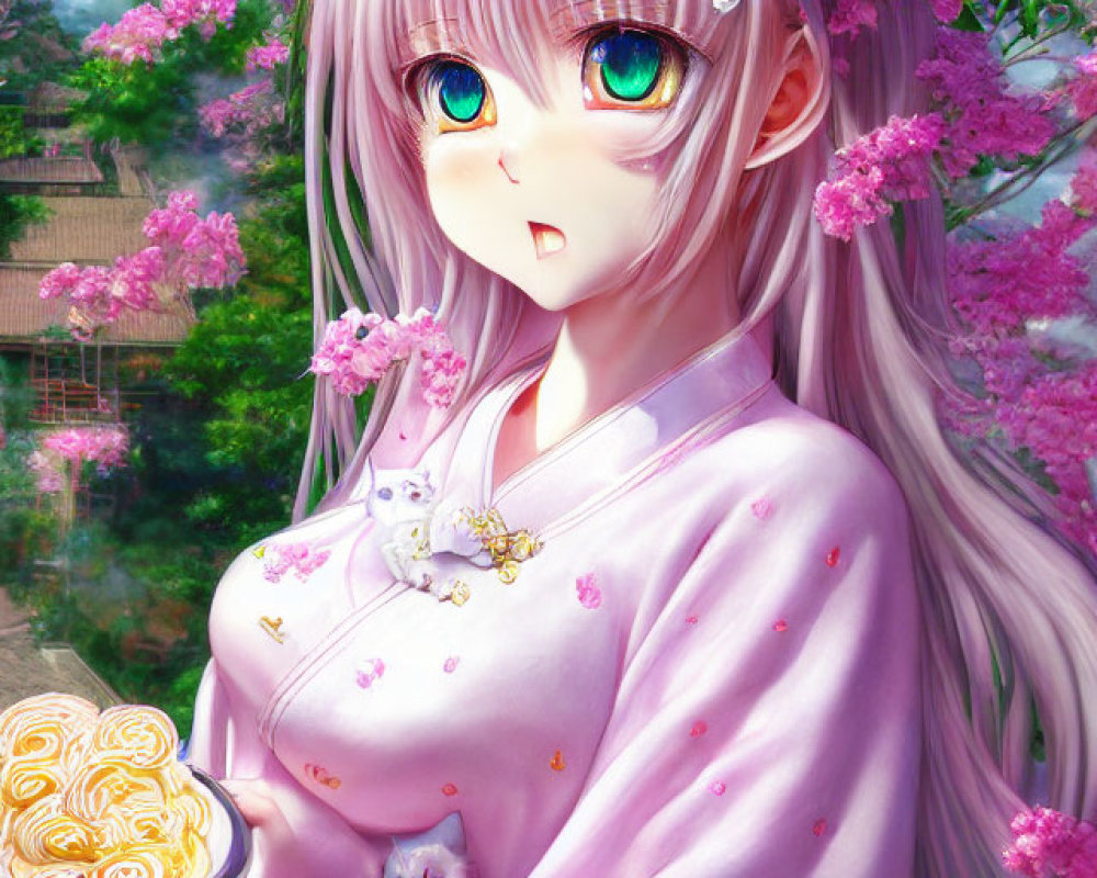 Silver-haired girl in pink kimono under cherry blossoms with heart ornament and kitten