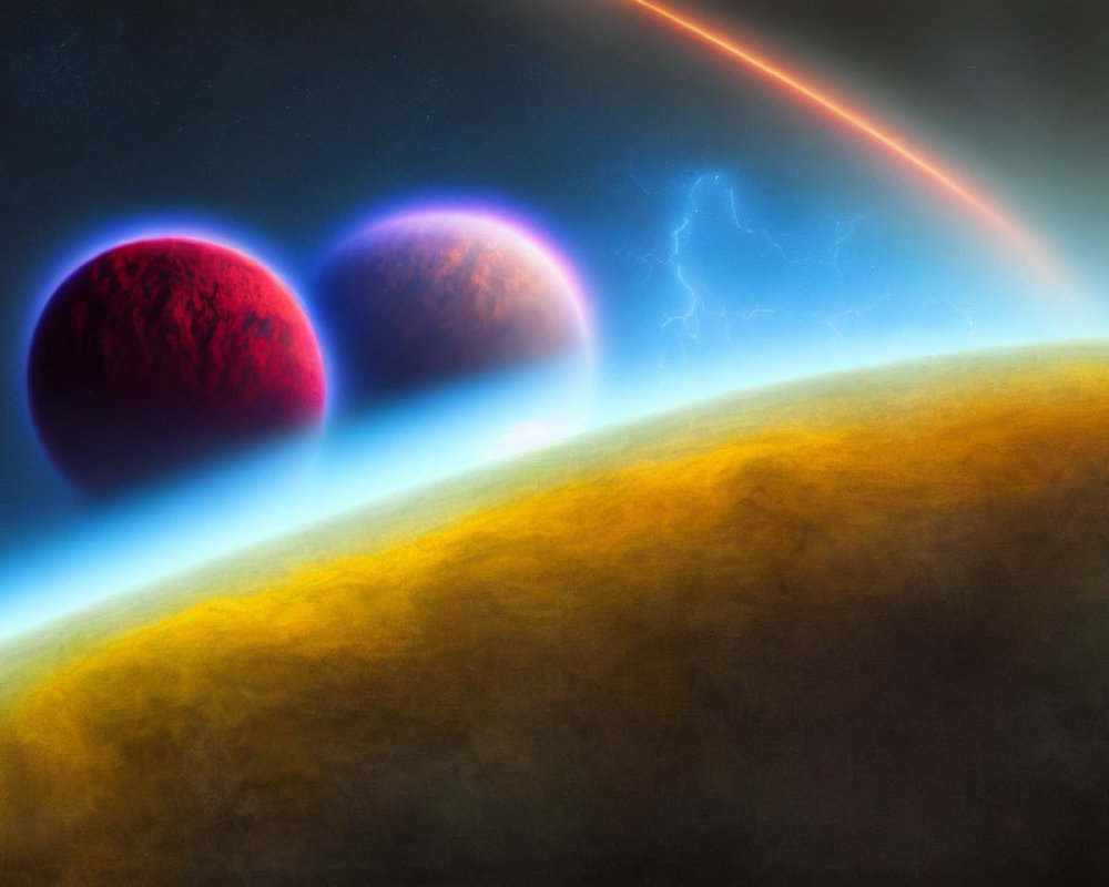 Vivid space illustration: Two red planets, blue glows, small planet, starry sky,
