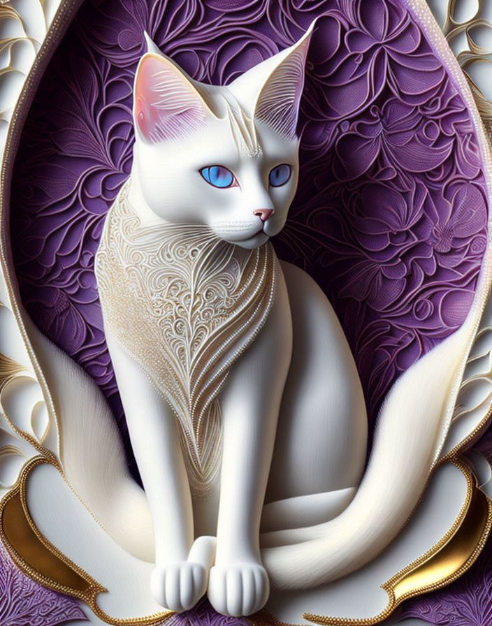 White Cat with Blue Eyes and Golden Jewelry on Purple Background