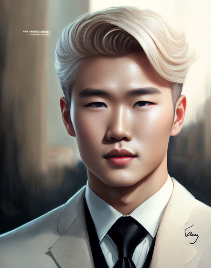 Asian man with sleek blonde hair in formal white suit