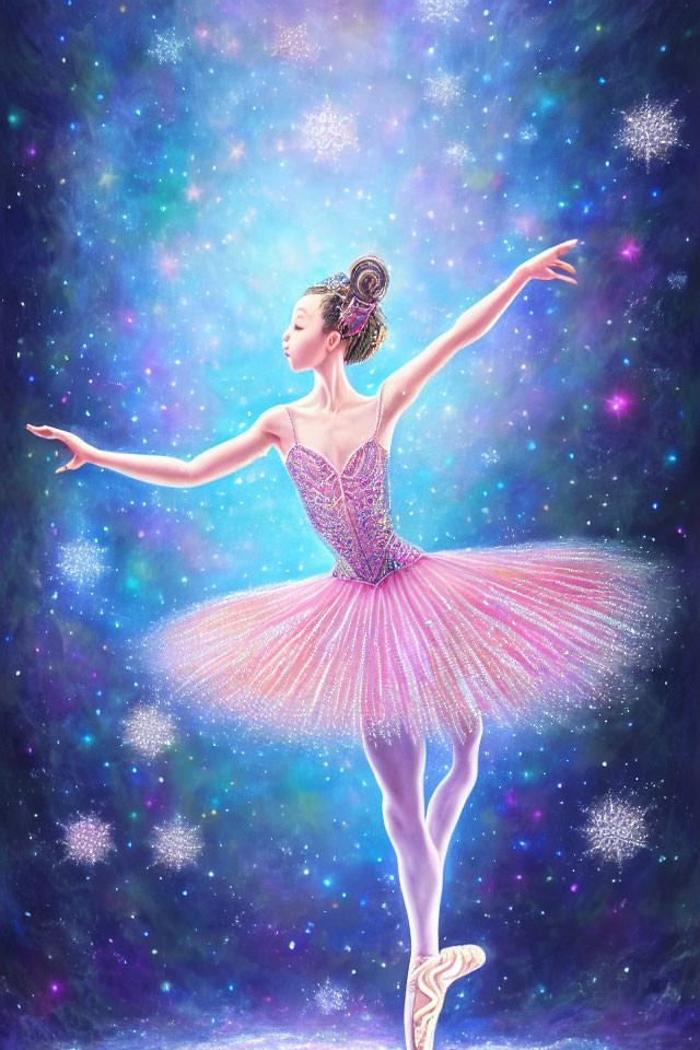 Ballet dancer in pink tutu poses against cosmic starry background
