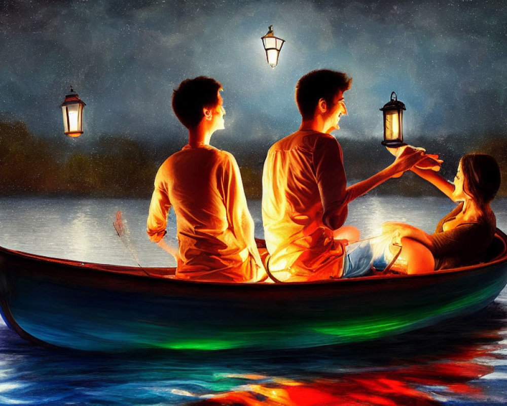 Three People in Boat under Starry Night Sky with Lanterns and Star Gazing, Colorful Water
