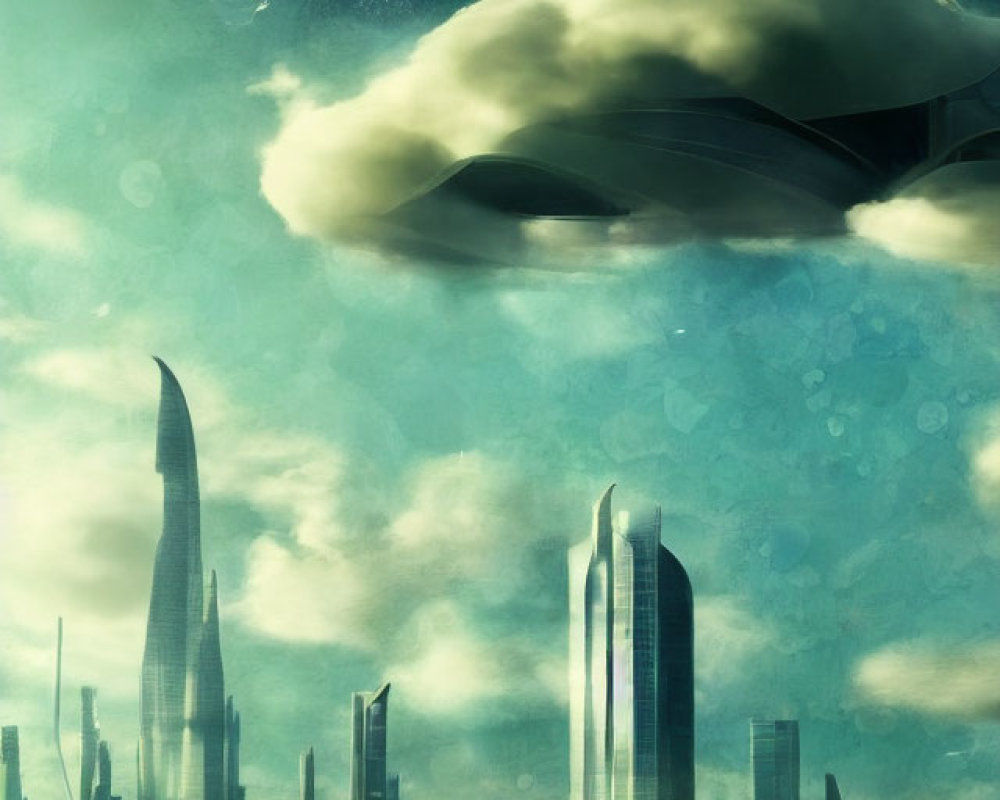 Futuristic cityscape with towering skyscrapers and floating structures under stormy sky