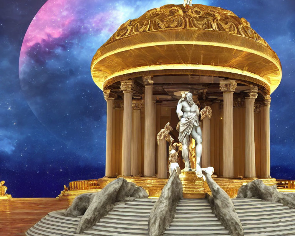 Classical rotunda with statues under starry night sky and seal-like stone sculptures.