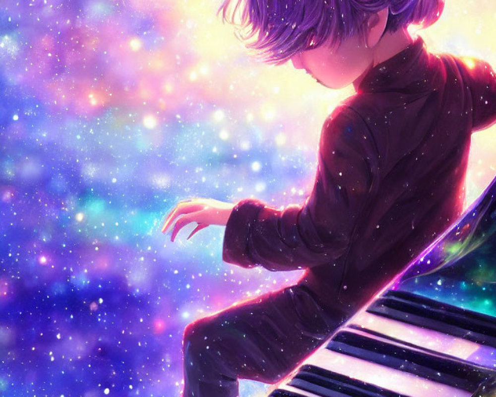 Illustration of person on piano keyboard in cosmic space