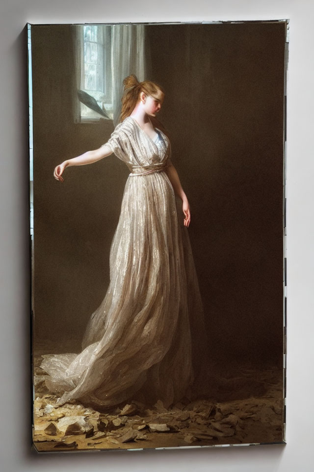 Ethereal woman in white gown standing in dark room