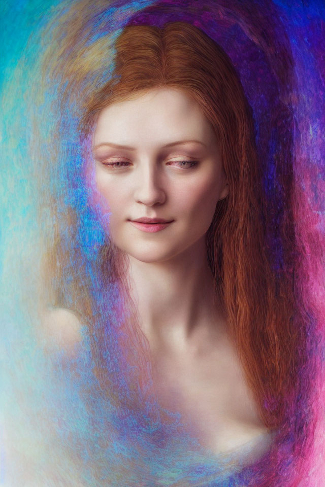Serene red-haired woman in soft, colorful aura with eyes closed