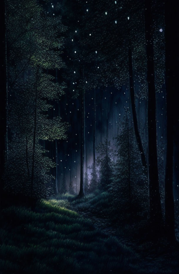 Enchanting Night Forest with Tall Trees and Firefly Lights