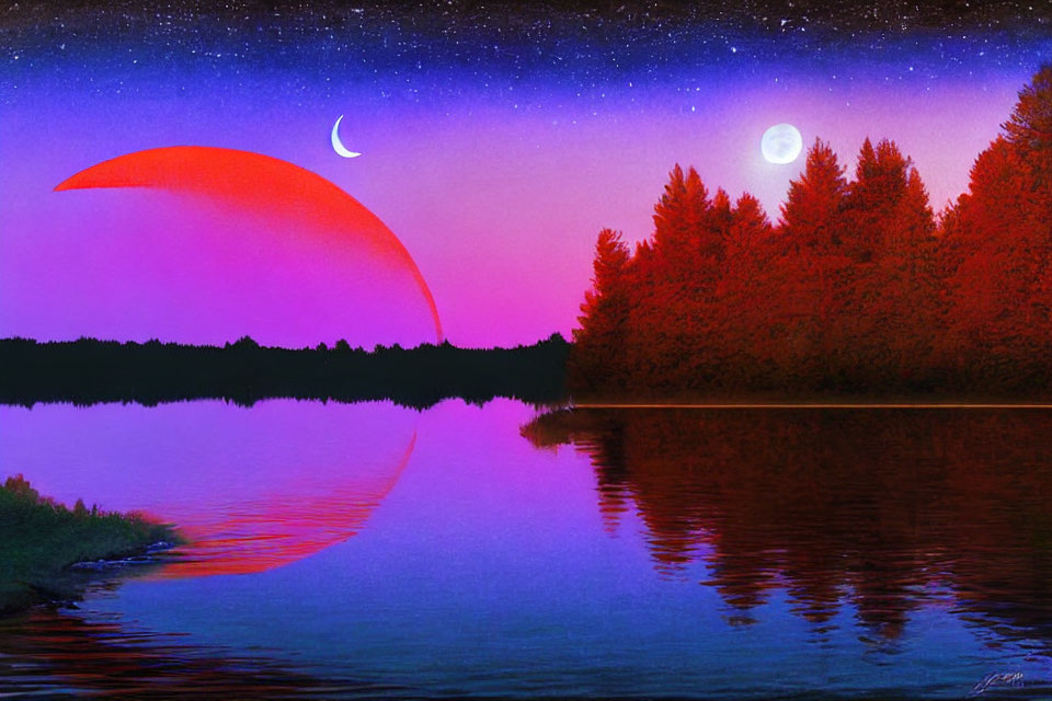 Surreal landscape with starry sky, crescent moon, red planet, lake, and forest
