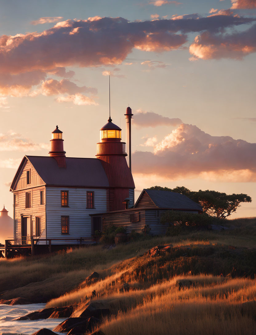 Tranquil sunset scene with lighthouse and building on grassy coastline