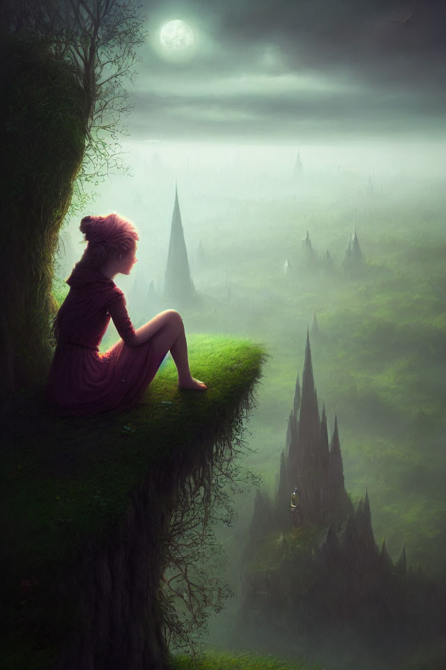 Person overlooking mystical landscape with spire-like formations