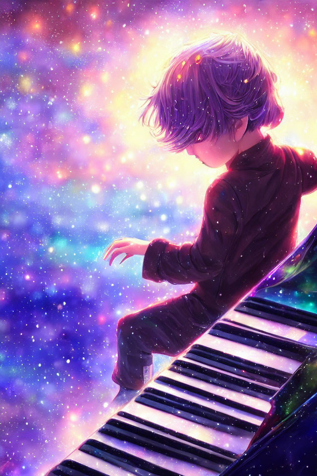 Illustration of person on piano keyboard in cosmic space