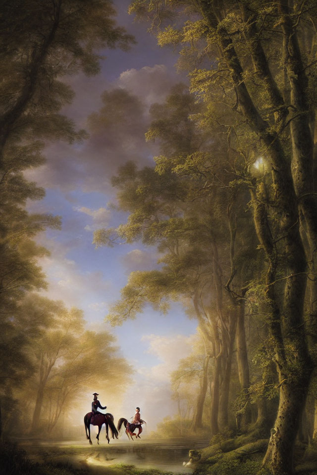 Ethereal forest scene: Two riders on horseback under sunlight