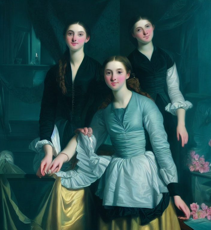 Three young women in historical dress against a dark background with floral accents