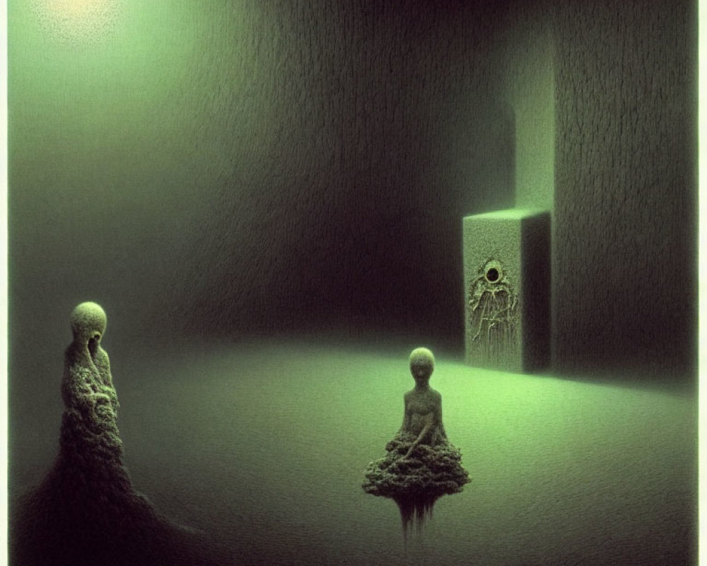 Surreal humanoid figures in moss-like texture near glowing doorway