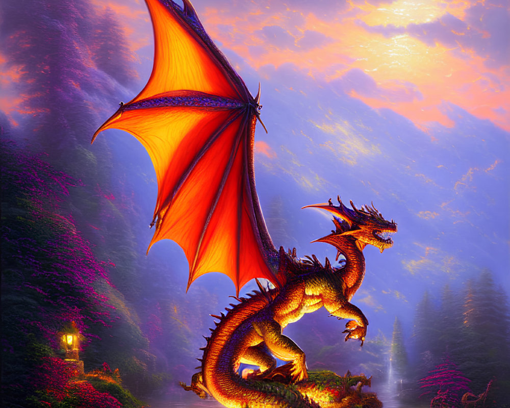 Majestic red dragon with outstretched wings in purple forest at sunset