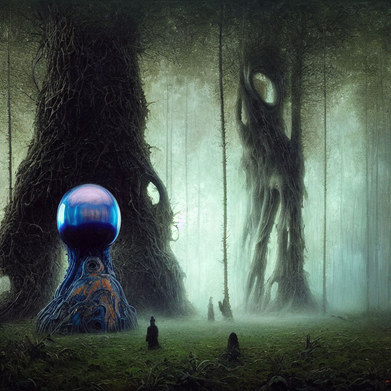 Mystical forest with towering trees and figures near colorful orb