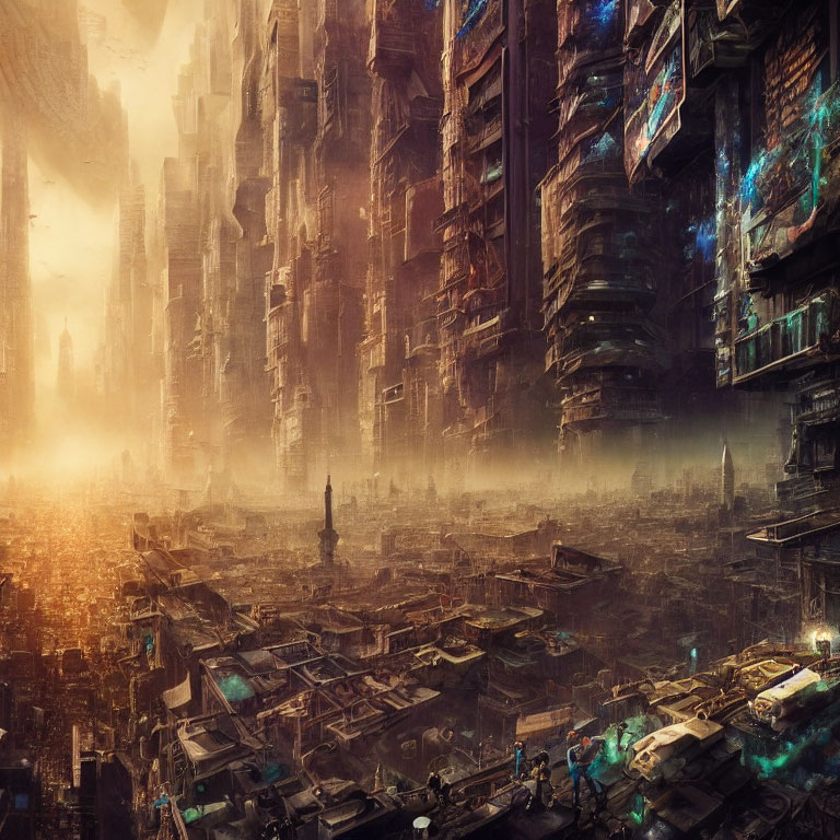 Dystopian cityscape with towering buildings and neon signs