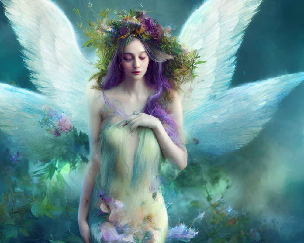 Mystical fairy with translucent wings and purple hair in ethereal blue glow
