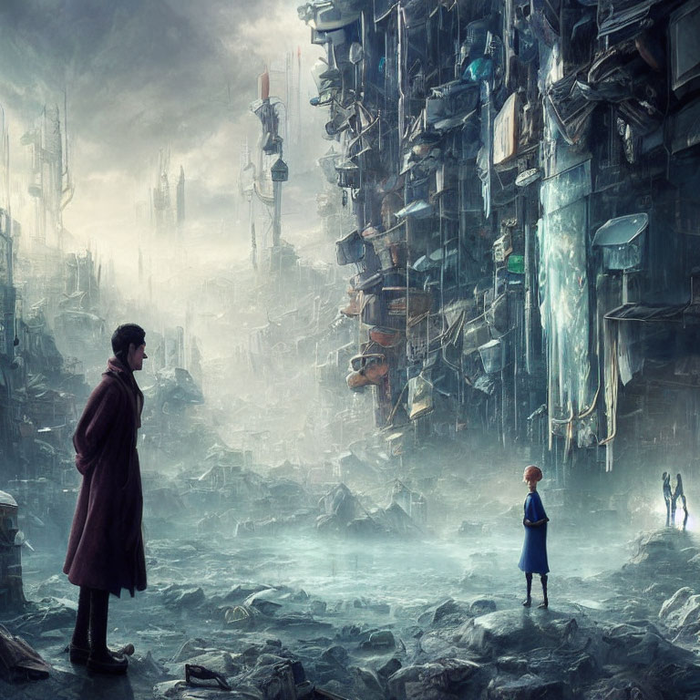Man in coat gazes at chaotic cityscape with child in blue in dystopian setting