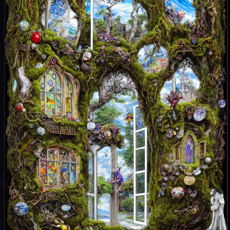 Intricate enchanted forest scene with ornate windows and mysterious figure